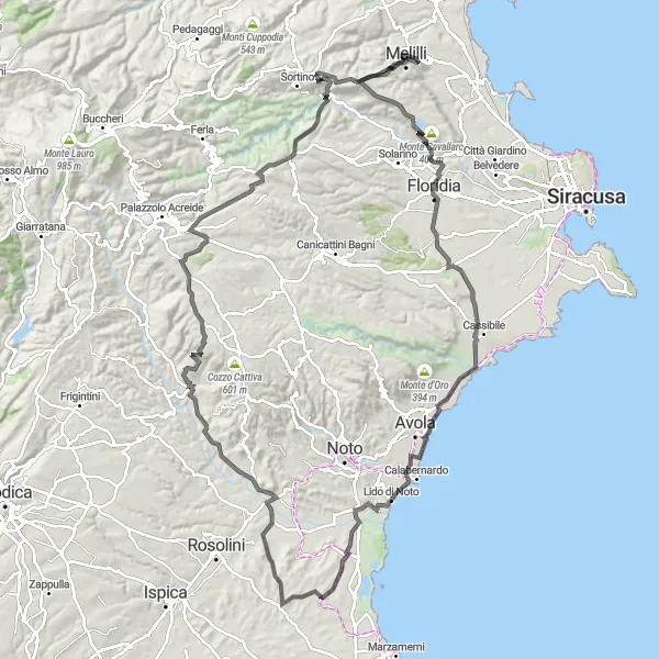 Miniatura della mappa di ispirazione al ciclismo "Giro in bicicletta di Melilli a Cozzo Ferrante e ritorno" nella regione di Sicilia, Italy. Generata da Tarmacs.app, pianificatore di rotte ciclistiche