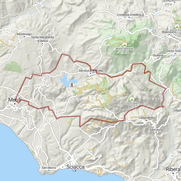 Map miniature of "Gravel Route around Menfi" cycling inspiration in Sicilia, Italy. Generated by Tarmacs.app cycling route planner