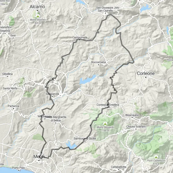 Map miniature of "Menfi to Sambuca di Sicilia via Monte Castellazzo" cycling inspiration in Sicilia, Italy. Generated by Tarmacs.app cycling route planner
