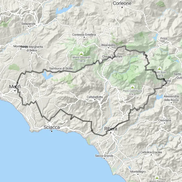 Map miniature of "Road Route around Menfi" cycling inspiration in Sicilia, Italy. Generated by Tarmacs.app cycling route planner
