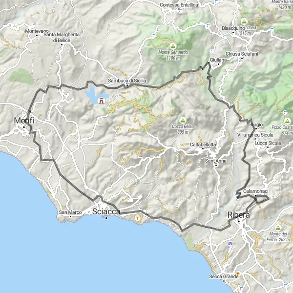 Map miniature of "Sicilian Hilltops Route" cycling inspiration in Sicilia, Italy. Generated by Tarmacs.app cycling route planner