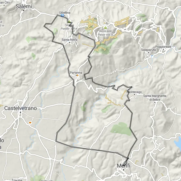 Map miniature of "Gibellina Loop" cycling inspiration in Sicilia, Italy. Generated by Tarmacs.app cycling route planner