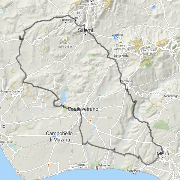 Map miniature of "Menfi - Castelvetrano - Ulmi - Partanna - Menfi Route" cycling inspiration in Sicilia, Italy. Generated by Tarmacs.app cycling route planner