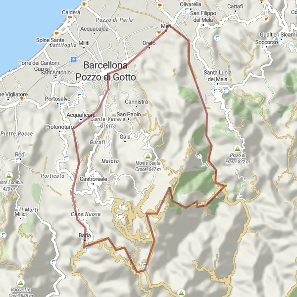 Miniatura della mappa di ispirazione al ciclismo "Tour in Mountain Bike da Merì a Pizzo Pennati" nella regione di Sicilia, Italy. Generata da Tarmacs.app, pianificatore di rotte ciclistiche