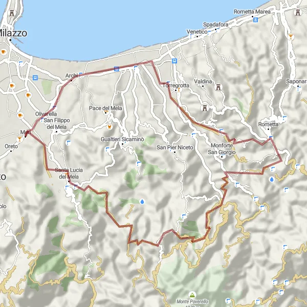 Map miniature of "Gravel Paradise: Exploring the Scenic Beauty Near Meri" cycling inspiration in Sicilia, Italy. Generated by Tarmacs.app cycling route planner