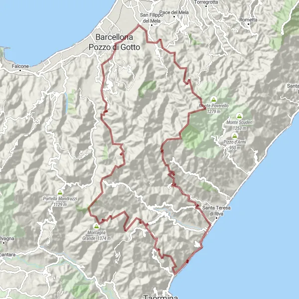 Miniatura della mappa di ispirazione al ciclismo "Avventura Gravel tra le montagne e il mare di Merì" nella regione di Sicilia, Italy. Generata da Tarmacs.app, pianificatore di rotte ciclistiche