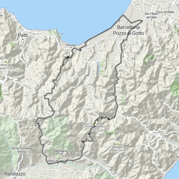 Map miniature of "Scenic Road Cycling Expedition" cycling inspiration in Sicilia, Italy. Generated by Tarmacs.app cycling route planner