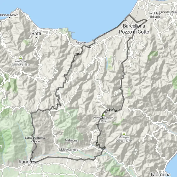 Map miniature of "Road Cycling Adventure: Mountains and Coastline" cycling inspiration in Sicilia, Italy. Generated by Tarmacs.app cycling route planner