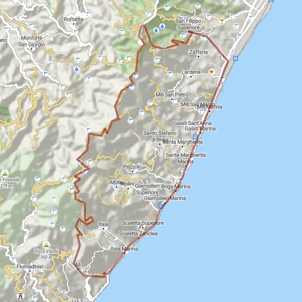 Miniatura della mappa di ispirazione al ciclismo "Avventura off-road a Messina" nella regione di Sicilia, Italy. Generata da Tarmacs.app, pianificatore di rotte ciclistiche