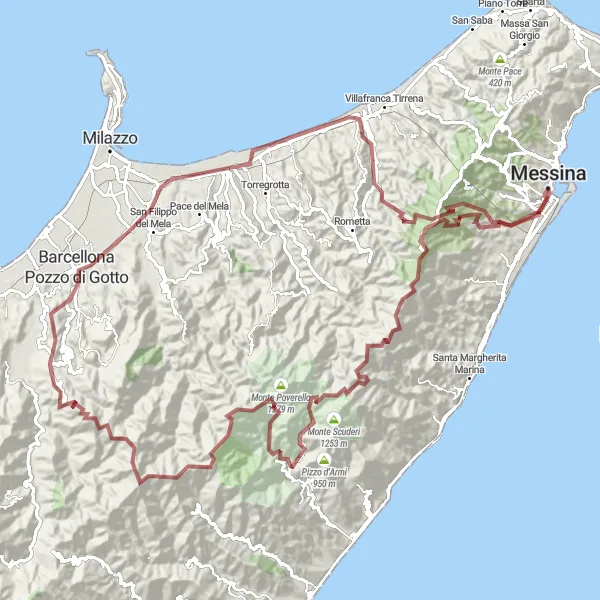 Map miniature of "Sicilian Gravel Epic to Monte Poverello" cycling inspiration in Sicilia, Italy. Generated by Tarmacs.app cycling route planner