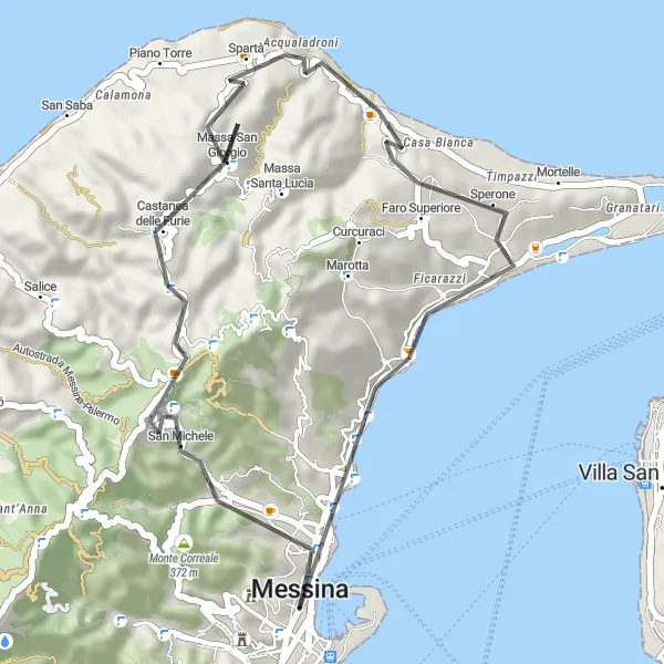 Miniatura della mappa di ispirazione al ciclismo "Giro panoramico di Messina" nella regione di Sicilia, Italy. Generata da Tarmacs.app, pianificatore di rotte ciclistiche