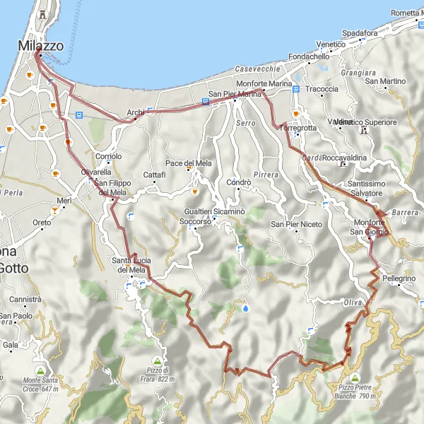 Miniatura della mappa di ispirazione al ciclismo "Giro in bicicletta tra Monforte San Giorgio e Milazzo" nella regione di Sicilia, Italy. Generata da Tarmacs.app, pianificatore di rotte ciclistiche