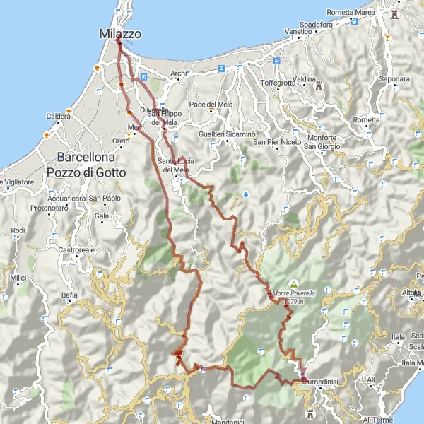 Miniatura della mappa di ispirazione al ciclismo "Avventura in Mountain Bike: Tra Colline e Costa" nella regione di Sicilia, Italy. Generata da Tarmacs.app, pianificatore di rotte ciclistiche
