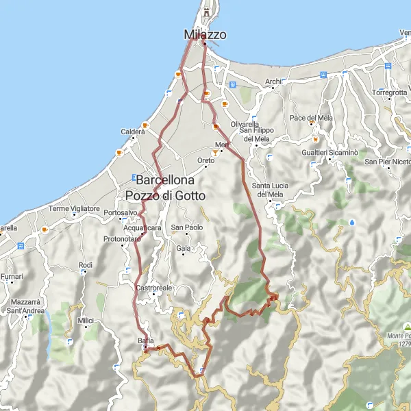 Map miniature of "Milazzo to Merì Gravel Loop" cycling inspiration in Sicilia, Italy. Generated by Tarmacs.app cycling route planner