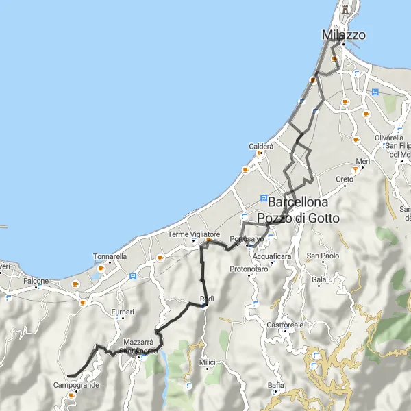 Map miniature of "Milazzo to Barcellona Pozzo di Gotto Loop" cycling inspiration in Sicilia, Italy. Generated by Tarmacs.app cycling route planner