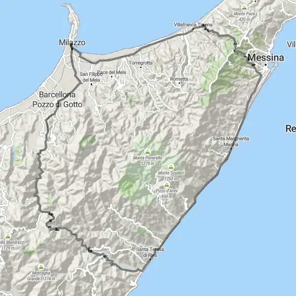 Map miniature of "Milazzo to Villafranca Tirrena Loop" cycling inspiration in Sicilia, Italy. Generated by Tarmacs.app cycling route planner