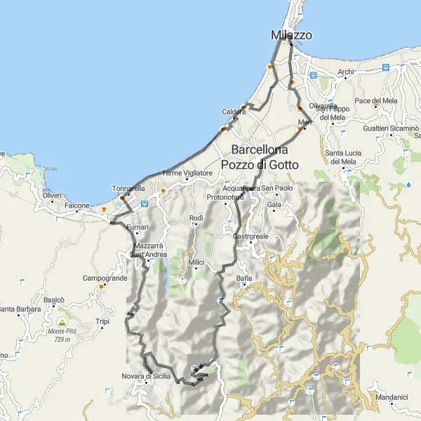 Miniatura della mappa di ispirazione al ciclismo "Giro in bici a Milazzo: Monti e Villaggi" nella regione di Sicilia, Italy. Generata da Tarmacs.app, pianificatore di rotte ciclistiche