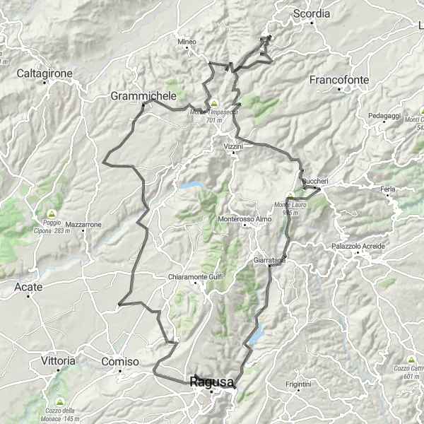Map miniature of "Challenging Climb to Monte Lauro" cycling inspiration in Sicilia, Italy. Generated by Tarmacs.app cycling route planner