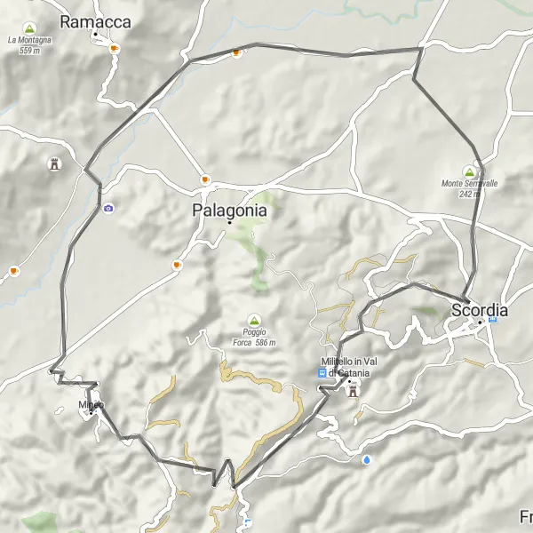 Miniatura della mappa di ispirazione al ciclismo "Ciclovia Mineo - Monte Calvario" nella regione di Sicilia, Italy. Generata da Tarmacs.app, pianificatore di rotte ciclistiche
