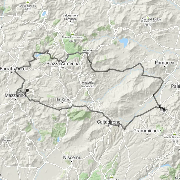 Miniatura della mappa di ispirazione al ciclismo "Tour ciclistico tra Mineo e Aidone" nella regione di Sicilia, Italy. Generata da Tarmacs.app, pianificatore di rotte ciclistiche