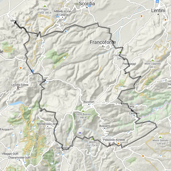 Map miniature of "Exploring the Valleys and Peaks of Mineo" cycling inspiration in Sicilia, Italy. Generated by Tarmacs.app cycling route planner
