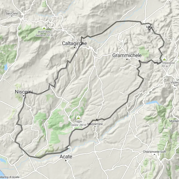 Miniatura della mappa di ispirazione al ciclismo "Giro ciclistico da Mineo a Niscemi" nella regione di Sicilia, Italy. Generata da Tarmacs.app, pianificatore di rotte ciclistiche