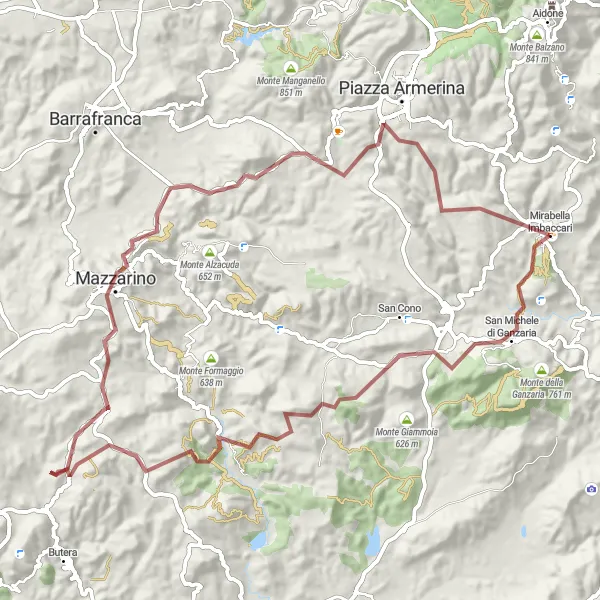 Miniatura della mappa di ispirazione al ciclismo "Avventura in gravella San Michele di Ganzaria" nella regione di Sicilia, Italy. Generata da Tarmacs.app, pianificatore di rotte ciclistiche