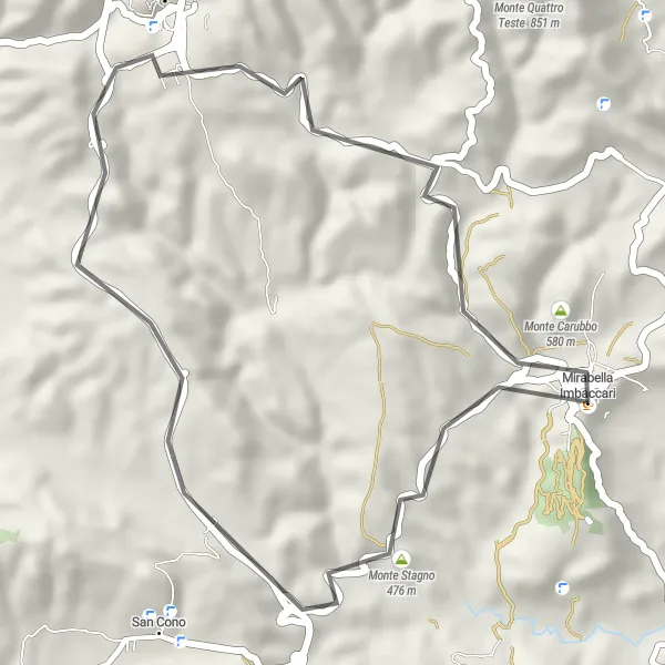 Miniatura della mappa di ispirazione al ciclismo "Passeggiata ciclistica tra Monte Stagno e Mirabella Imbaccari" nella regione di Sicilia, Italy. Generata da Tarmacs.app, pianificatore di rotte ciclistiche