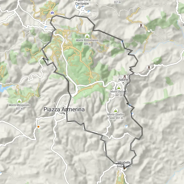 Miniatura della mappa di ispirazione al ciclismo "Tour epico attraverso la Sicilia orientale" nella regione di Sicilia, Italy. Generata da Tarmacs.app, pianificatore di rotte ciclistiche