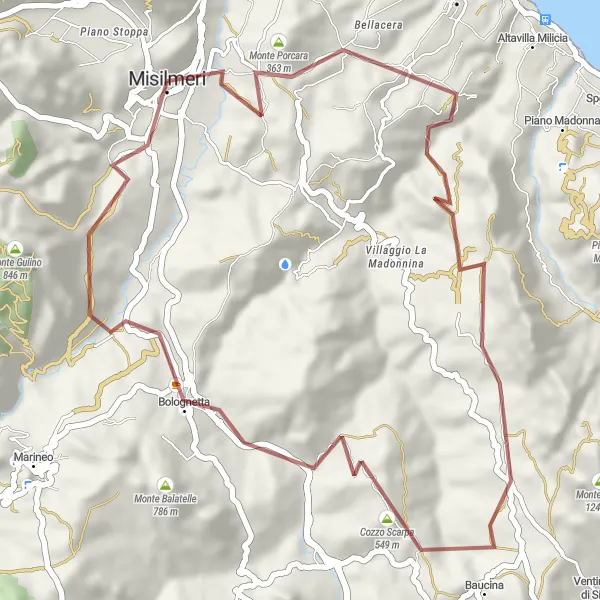 Miniatura della mappa di ispirazione al ciclismo "Esplorazione ciclistica di Monte Scalia" nella regione di Sicilia, Italy. Generata da Tarmacs.app, pianificatore di rotte ciclistiche