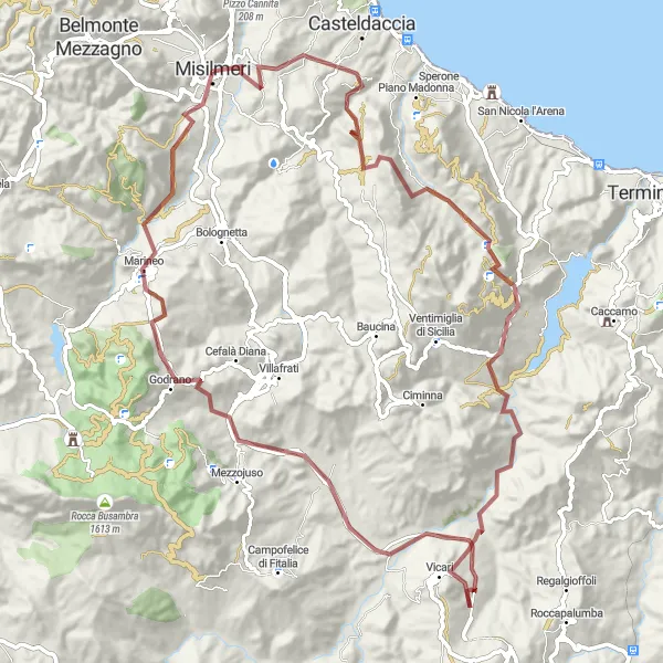 Miniatura della mappa di ispirazione al ciclismo "Giro in bicicletta verso Pizzo di Cane" nella regione di Sicilia, Italy. Generata da Tarmacs.app, pianificatore di rotte ciclistiche