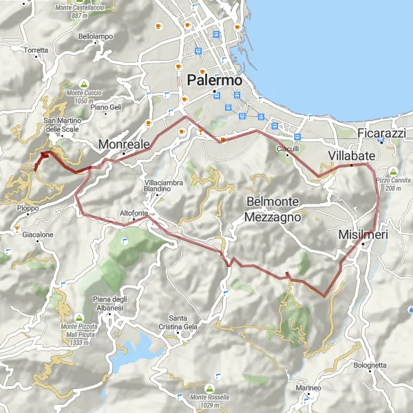 Map miniature of "The Gravel Loop" cycling inspiration in Sicilia, Italy. Generated by Tarmacs.app cycling route planner