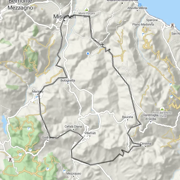 Miniatura della mappa di ispirazione al ciclismo "Avventura stradale verso Bolognetta" nella regione di Sicilia, Italy. Generata da Tarmacs.app, pianificatore di rotte ciclistiche