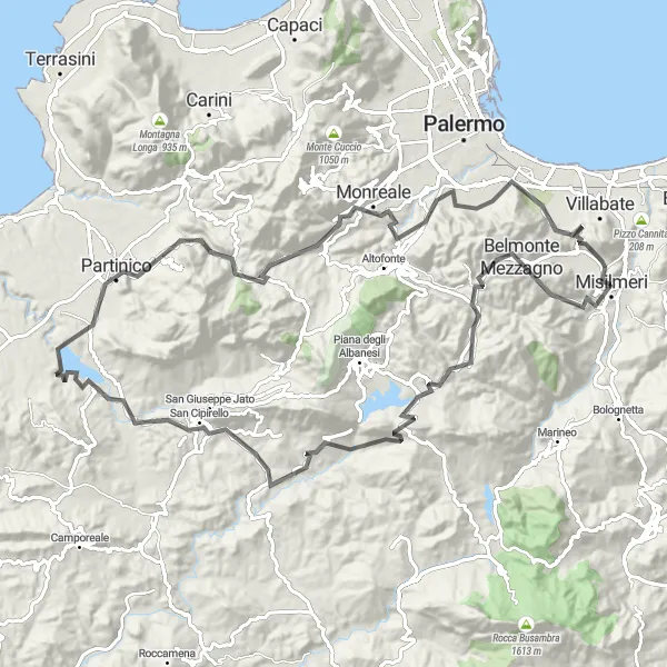 Map miniature of "The Ultimate Road Challenge" cycling inspiration in Sicilia, Italy. Generated by Tarmacs.app cycling route planner