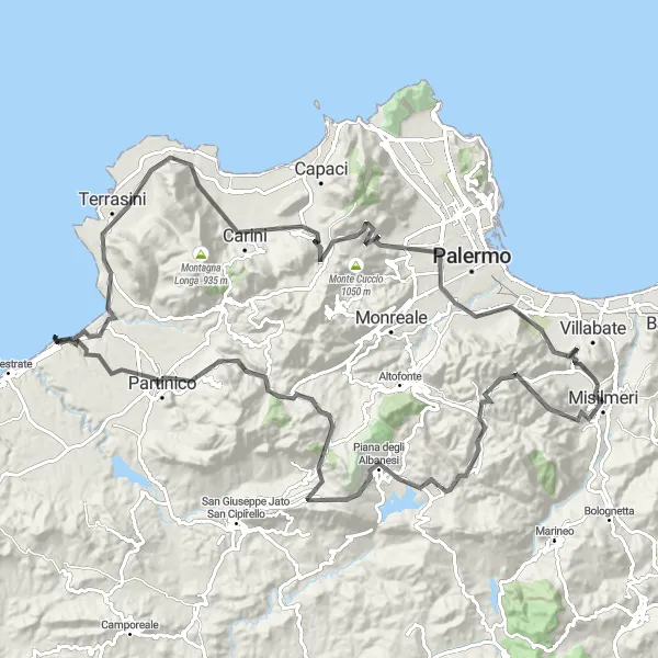 Map miniature of "Road Cycling Odyssey in Sicily" cycling inspiration in Sicilia, Italy. Generated by Tarmacs.app cycling route planner