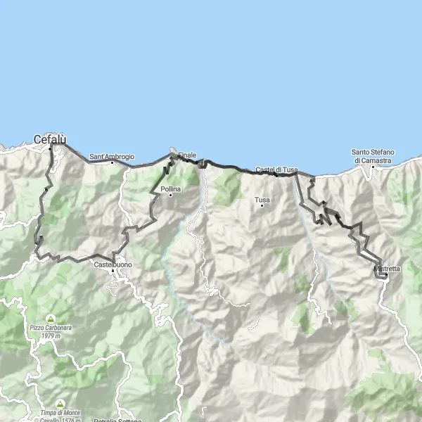 Miniatura della mappa di ispirazione al ciclismo "Percorso Panoramico da Cefalù a Reitano" nella regione di Sicilia, Italy. Generata da Tarmacs.app, pianificatore di rotte ciclistiche