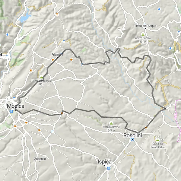 Map miniature of "Road Cycling Adventure in Modica" cycling inspiration in Sicilia, Italy. Generated by Tarmacs.app cycling route planner