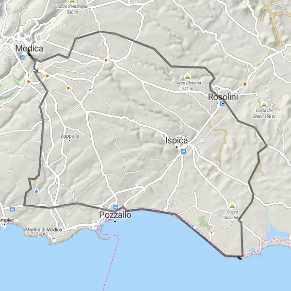 Map miniature of "Scenic Cycling Tour of Modica" cycling inspiration in Sicilia, Italy. Generated by Tarmacs.app cycling route planner