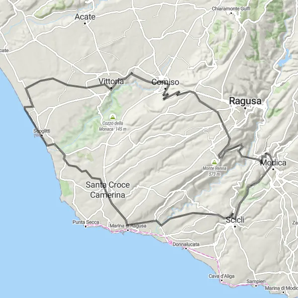 Map miniature of "Scenic Coastal Ride" cycling inspiration in Sicilia, Italy. Generated by Tarmacs.app cycling route planner