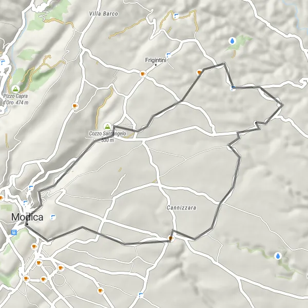 Map miniature of "Modica and its Surroundings" cycling inspiration in Sicilia, Italy. Generated by Tarmacs.app cycling route planner