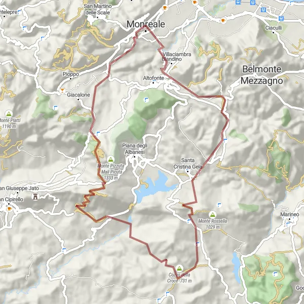 Map miniature of "Gravel Route from Monreale to Santa Cristina Gela" cycling inspiration in Sicilia, Italy. Generated by Tarmacs.app cycling route planner