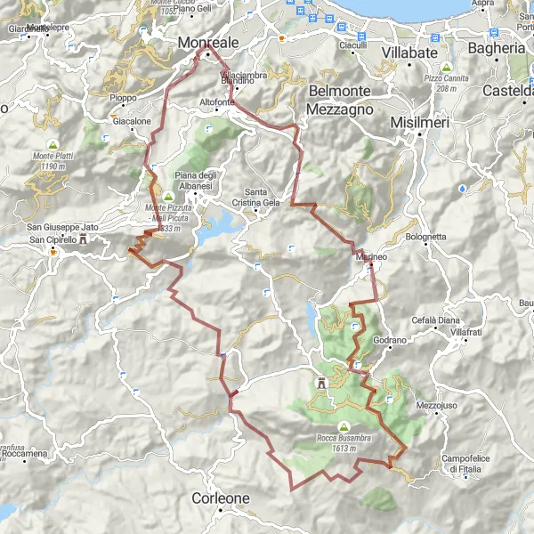 Map miniature of "Pulpito del Re Gravel Adventure" cycling inspiration in Sicilia, Italy. Generated by Tarmacs.app cycling route planner