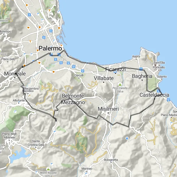 Miniatura della mappa di ispirazione al ciclismo "Tour storici tra Palermo e Monreale" nella regione di Sicilia, Italy. Generata da Tarmacs.app, pianificatore di rotte ciclistiche