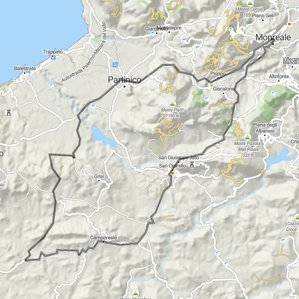 Miniatura della mappa di ispirazione al ciclismo "Camporeale - Monreale Road Cycling Route" nella regione di Sicilia, Italy. Generata da Tarmacs.app, pianificatore di rotte ciclistiche