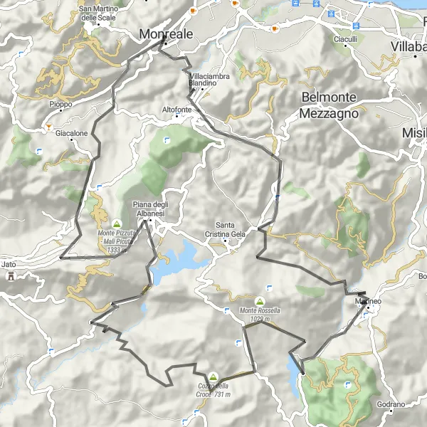 Map miniature of "Monte Mela Grande Loop" cycling inspiration in Sicilia, Italy. Generated by Tarmacs.app cycling route planner