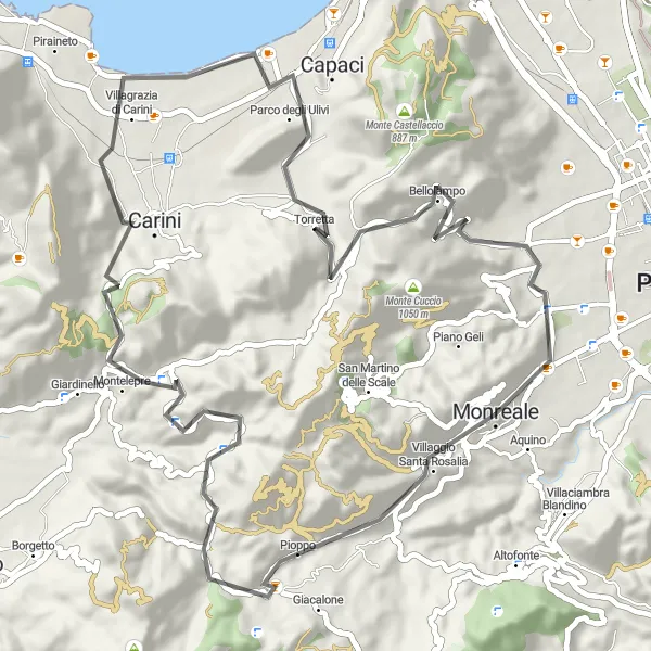 Miniatura della mappa di ispirazione al ciclismo "Montelepre - Carini Road Cycling Route" nella regione di Sicilia, Italy. Generata da Tarmacs.app, pianificatore di rotte ciclistiche