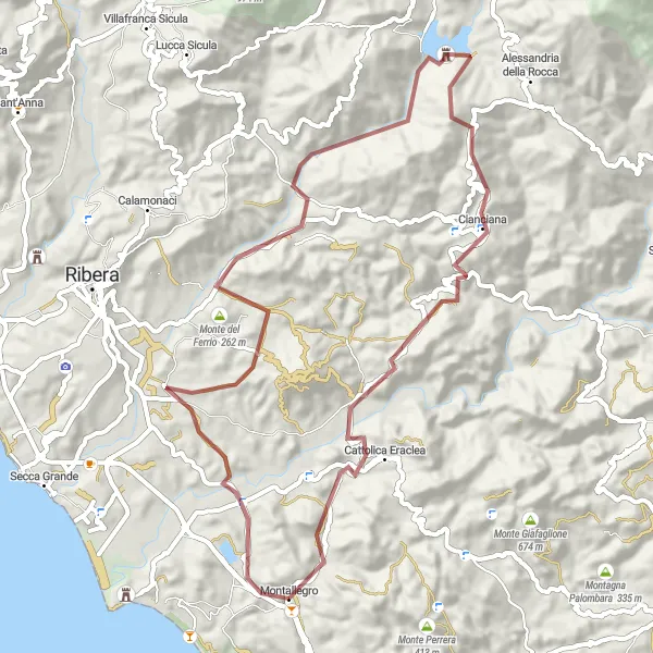 Map miniature of "Exploring Montallegro's Ancient Ruins and Breathtaking Landscapes" cycling inspiration in Sicilia, Italy. Generated by Tarmacs.app cycling route planner