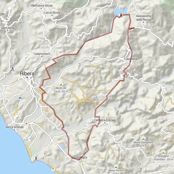 Map miniature of "A Gravel Adventure through Montallegro's Ancient and Natural Wonders" cycling inspiration in Sicilia, Italy. Generated by Tarmacs.app cycling route planner