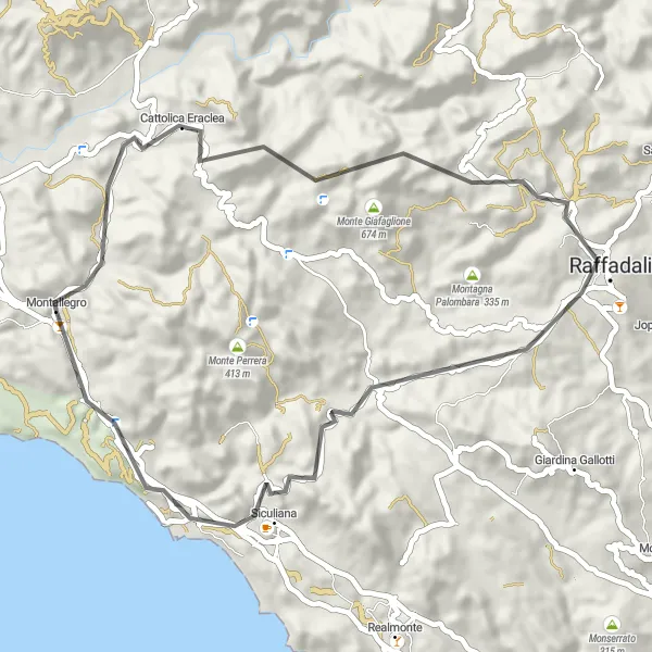 Miniatura della mappa di ispirazione al ciclismo "Ciclostrada Siculiana" nella regione di Sicilia, Italy. Generata da Tarmacs.app, pianificatore di rotte ciclistiche