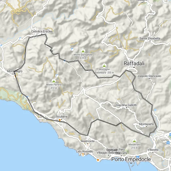 Map miniature of "Montallegro to Sella Omomorto Loop" cycling inspiration in Sicilia, Italy. Generated by Tarmacs.app cycling route planner